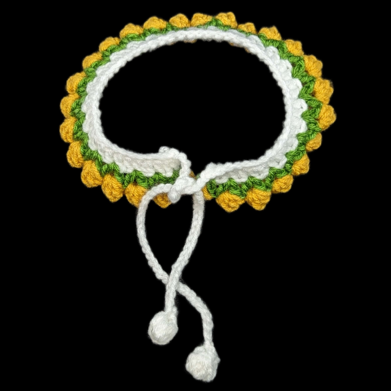 Handmade Adjustable Pet Collar: Tulip Motif Tie-on Collar (White, Green and Dark Yellow)