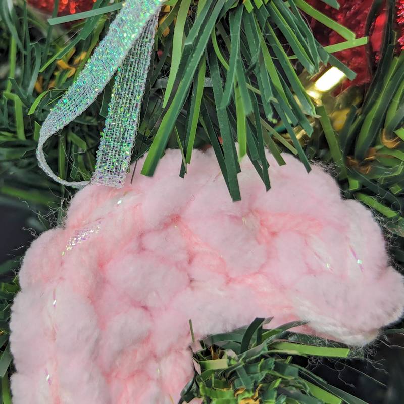 Candy Cane Crochet Ornament - Soft Pink/Irridescent Yarn with Soft Green Bow & Iridescent Ribbon