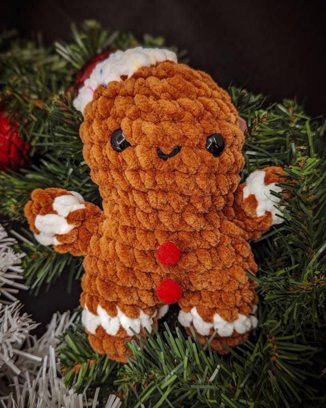 Gingerbread Person (D) Crochet Plush with Red Buttons and Frosting Hat