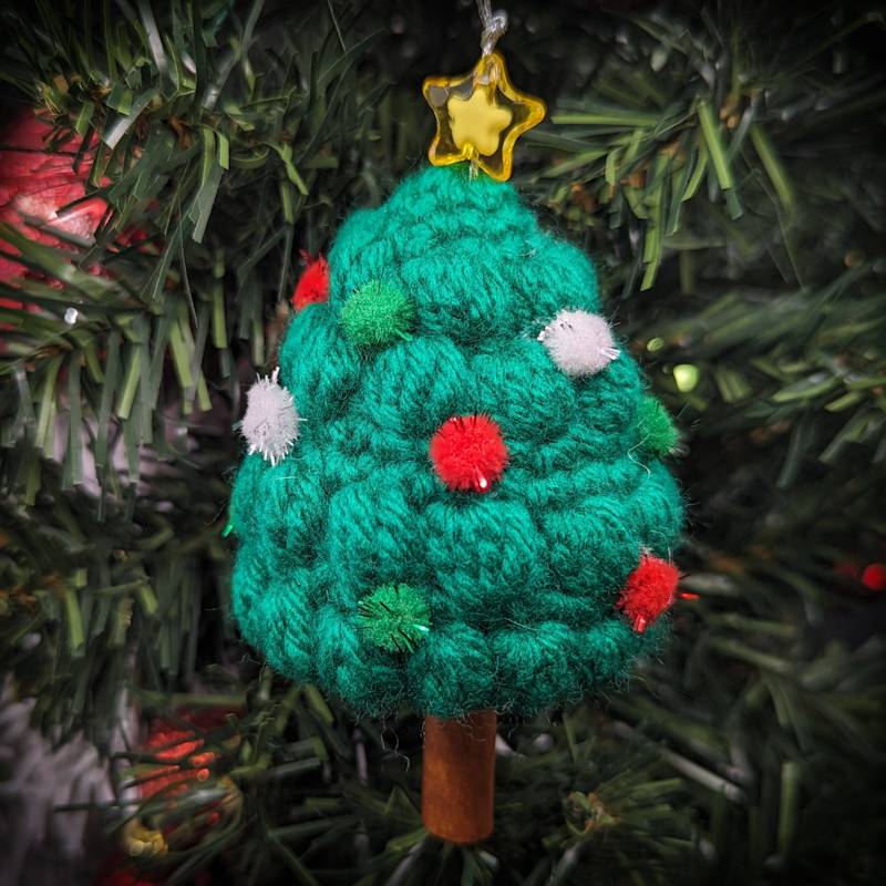 Dark Green Xmas Tree "Bobble Stiched" Crochet Ornament with essential oil scented Cinnamon Stick 'Trunk'