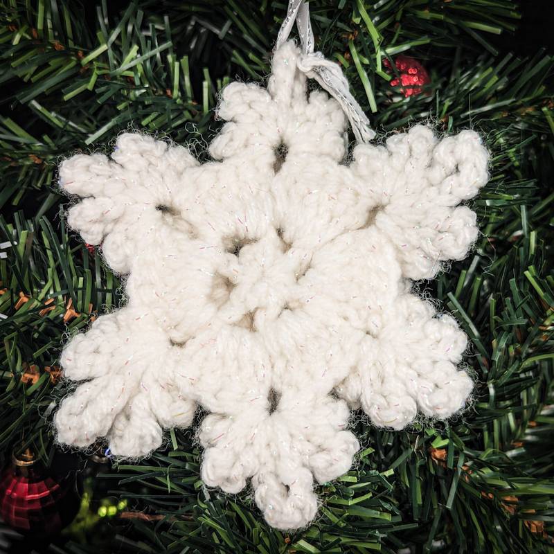 Irridescent-White Snowflake Crochet Ornament with 3D & Pearlescent mini Snowflake accents)