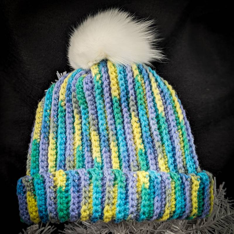 Lemon Fizz/Pansy/Seaspray Yarn Acrylic Crochet Winter Hat with detachable Pom-Pom (Adult sized)