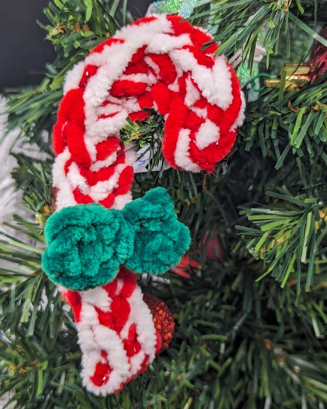 Candy Cane Crochet Ornament - Red/Foil Yarn with Deep Green Bow & Iridescent Ribbon