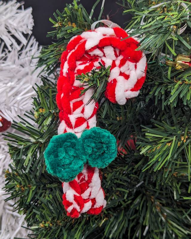 Candy Cane Crochet Ornament - Red/Foil Yarn with Deep Green Bow & Iridescent Ribbon