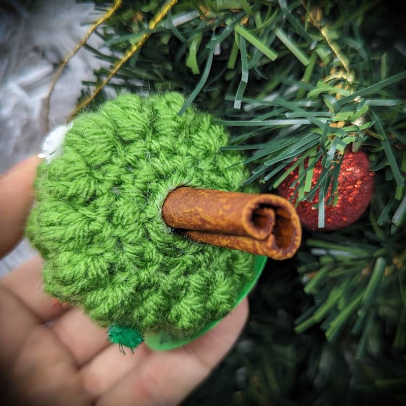 Light Green Xmas Tree "Bobble Stiched" Crochet Ornament with essential oil scented Cinnamon Stick 'Trunk'