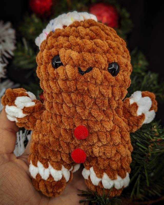 Gingerbread Person (D) Crochet Plush with Red Buttons and Frosting Hat