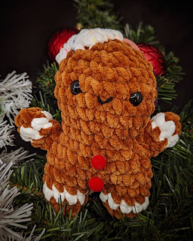 Gingerbread Person (D) Crochet Plush with Red Buttons and Frosting Hat