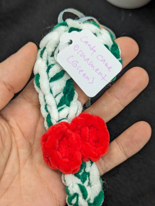 Candy Cane Crochet Ornament - White/Green Yarn with Red Bow & Iridescent Ribbon