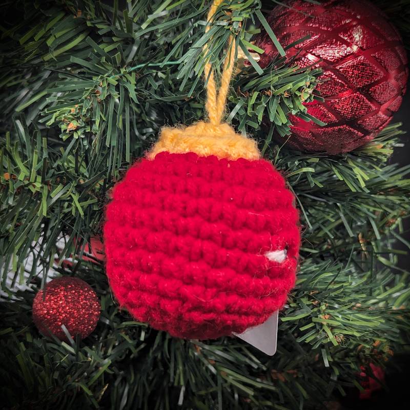 Crochet Bobble Ornament (Red & Golden Yellow with Kawaii Smile)