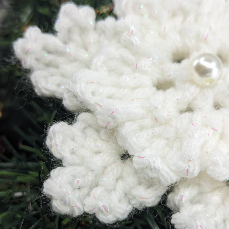 Irridescent-White Snowflake Crochet Ornament with 3D & Pearlescent mini Snowflake accents)