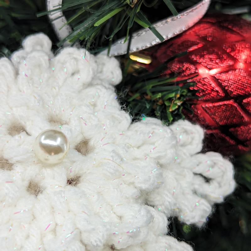 Irridescent-White Snowflake Crochet Ornament with 3D & Pearlescent mini Snowflake accents)