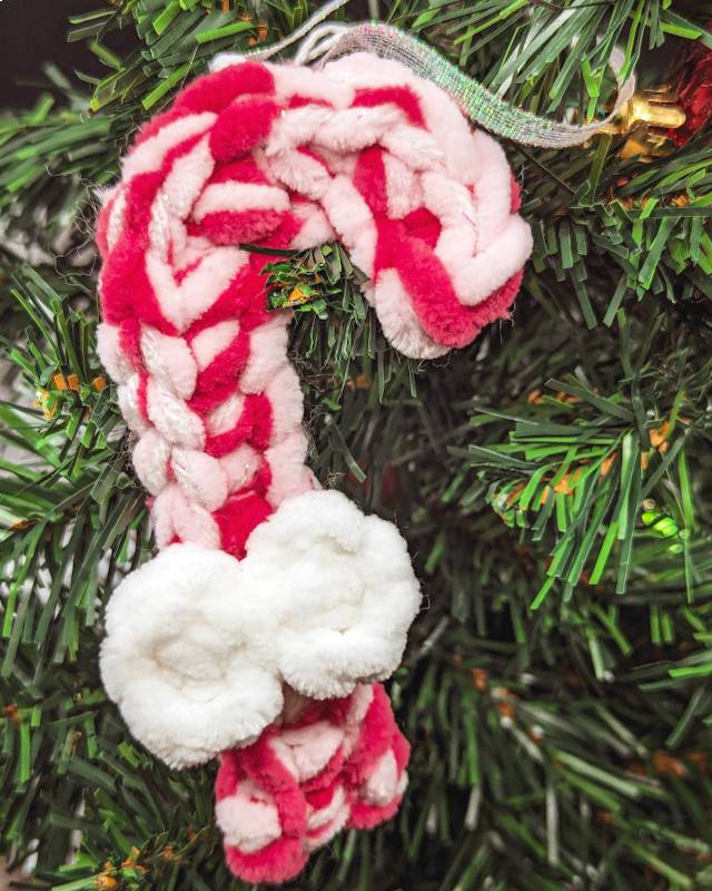 Candy Cane Crochet Ornament - Pink/Magenta Yarn with White Bow & Iridescent Ribbon