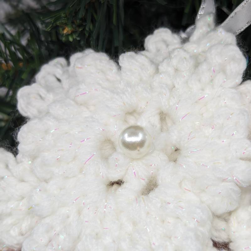 Irridescent-White Snowflake Crochet Ornament with 3D & Pearlescent mini Snowflake accents)