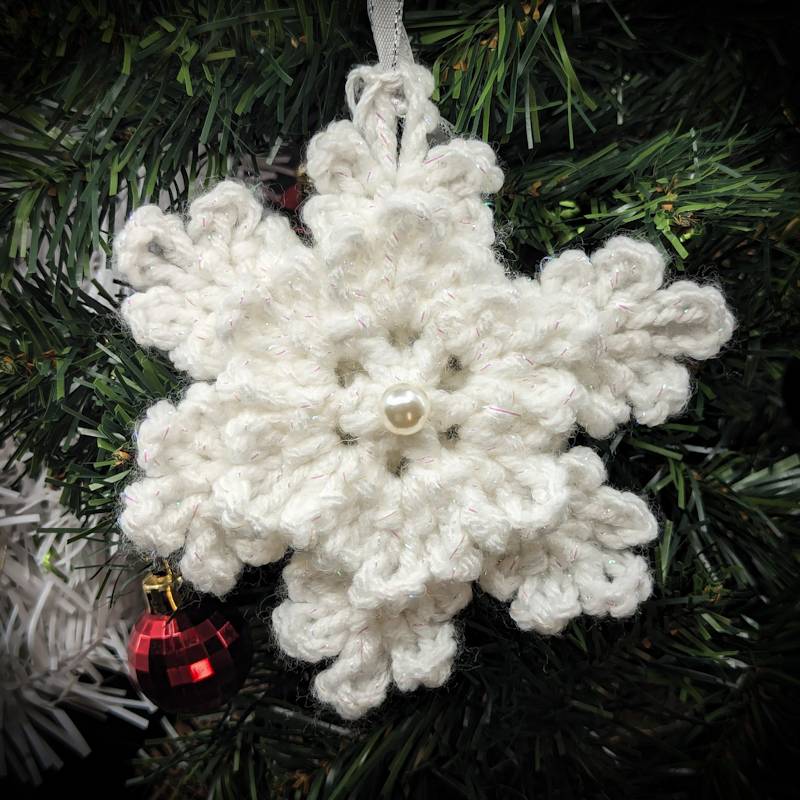 Irridescent-White Snowflake Crochet Ornament with 3D & Pearlescent mini Snowflake accents)