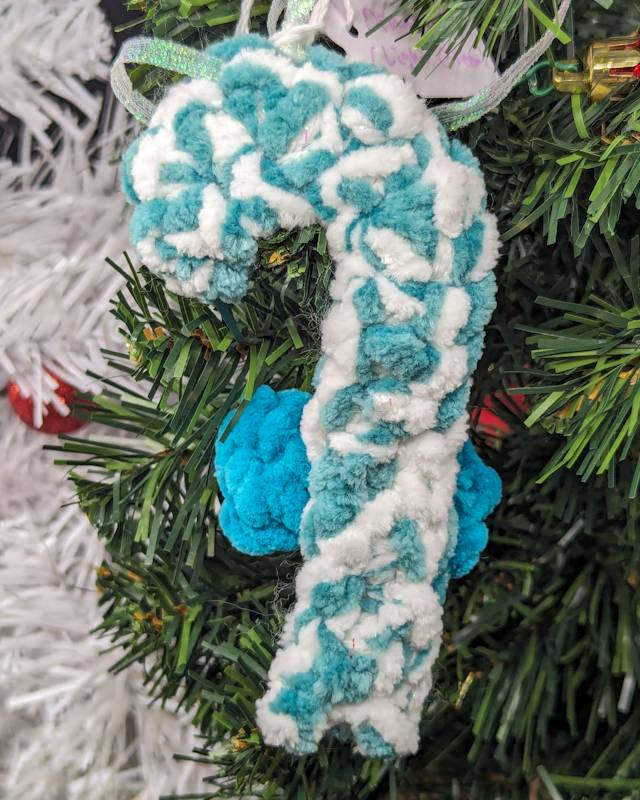 Candy Cane Crochet Ornament - Soft Green/White Yarn with Teal Bow & Iridescent Ribbon