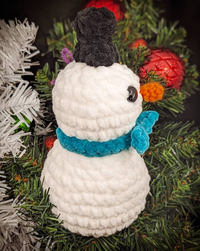 Traditional Snowman Crochet Plush with Black Top Hat,  Teal Scarf & Black Buttons