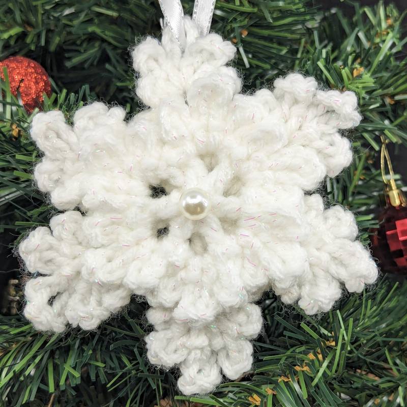 Irridescent-White Snowflake Crochet Ornament with 3D & Pearlescent mini Snowflake accents)
