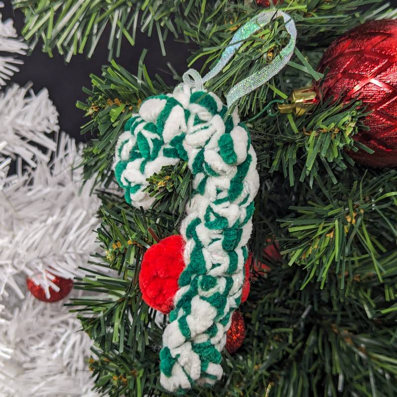 Candy Cane Crochet Ornament - White/Green Yarn with Red Bow & Iridescent Ribbon