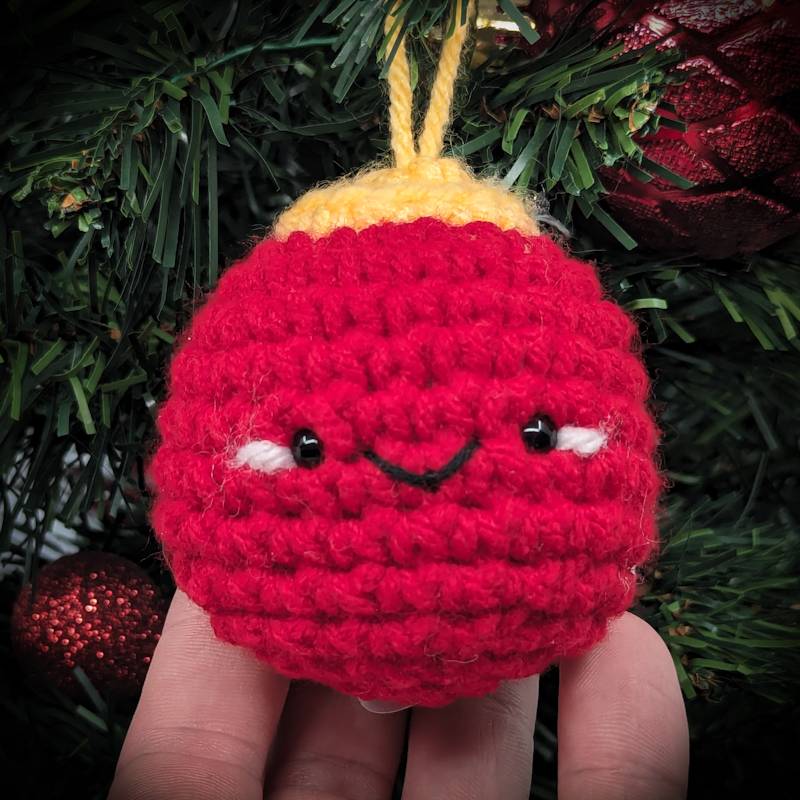 Crochet Bobble Ornament (Red & Golden Yellow with Kawaii Smile)