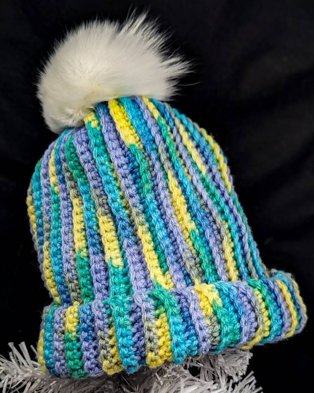 Lemon Fizz/Pansy/Seaspray Yarn Acrylic Crochet Winter Hat with detachable Pom-Pom (Adult sized)