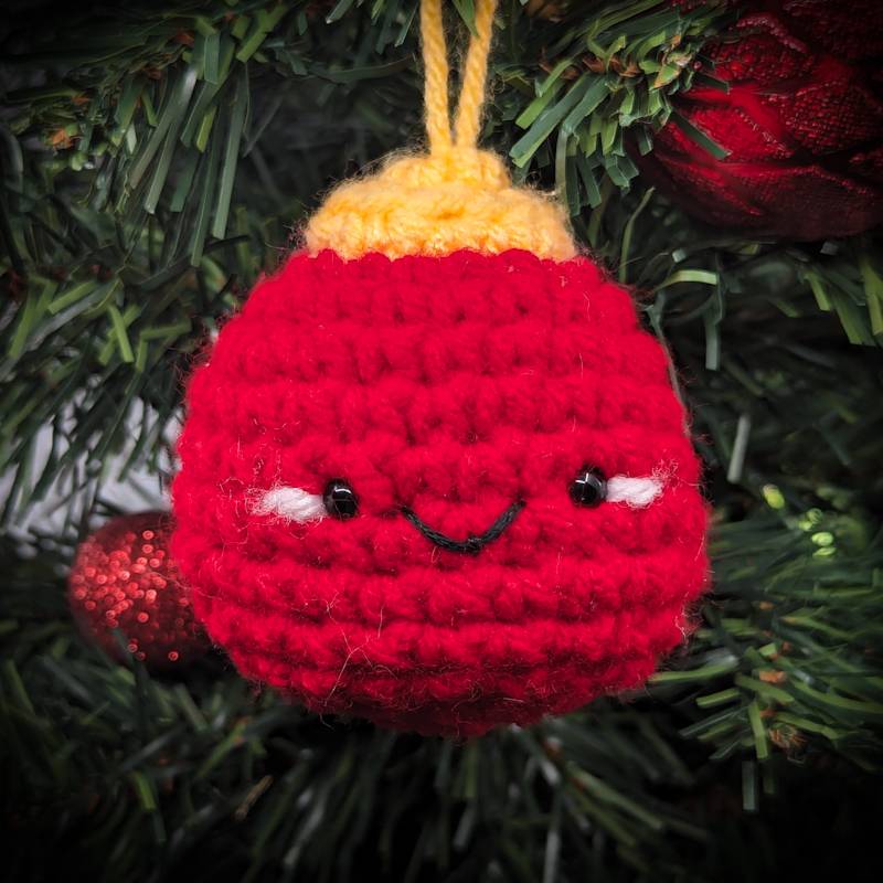 Crochet Bobble Ornament (Red & Golden Yellow with Kawaii Smile)