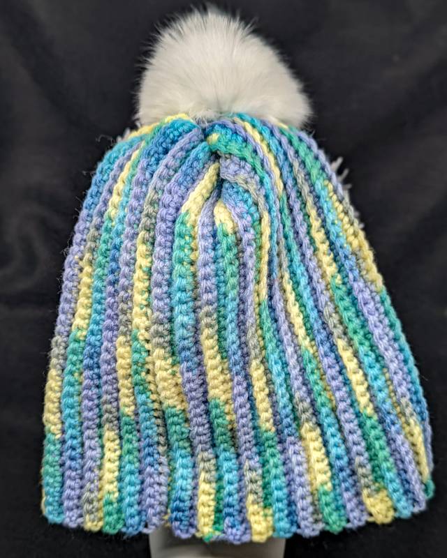 Lemon Fizz/Pansy/Seaspray Yarn Acrylic Crochet Winter Hat with detachable Pom-Pom (Adult sized)