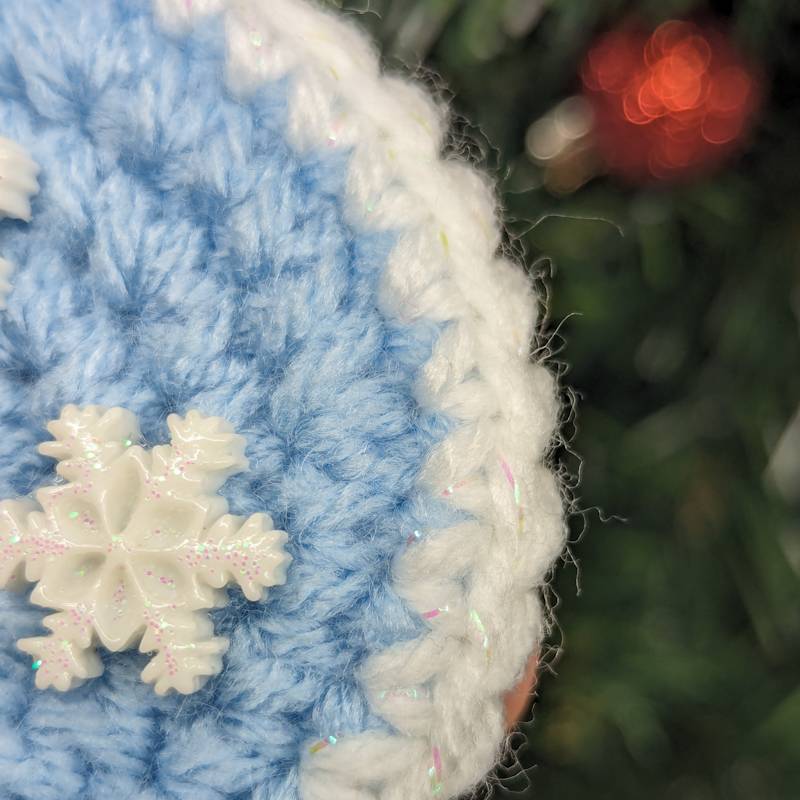 Crochet Snowglobe Ornament (B) - Brown base: Kawaii Snowman with 3 White Snowflake icons in Globe