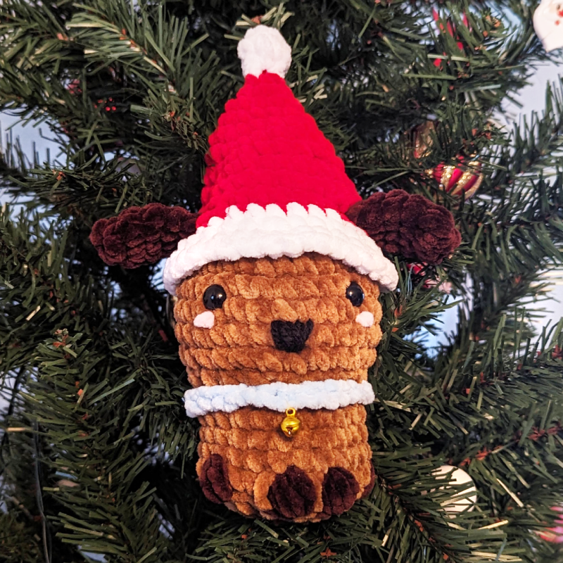 Puppy Dog Crochet Plush with Jingle Bell and Removable Red Santa Hat