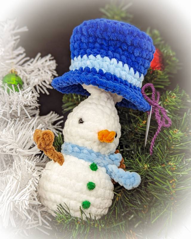 Snowman Crochet Plush with Blue "Pop Up"  Top Hat