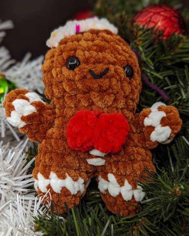 Gingerbread Person (C) Crochet Plush with Red Bowtie and Frosting Hat