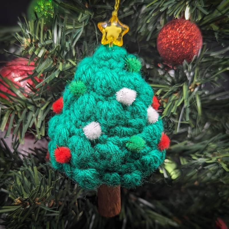 Dark Green Xmas Tree "Bobble Stiched" Crochet Ornament with essential oil scented Cinnamon Stick 'Trunk'