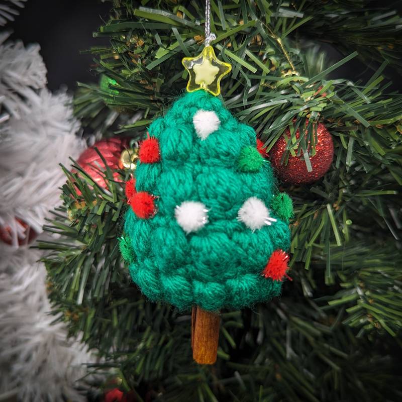 Dark Green Xmas Tree "Bobble Stiched" Crochet Ornament with essential oil scented Cinnamon Stick 'Trunk'