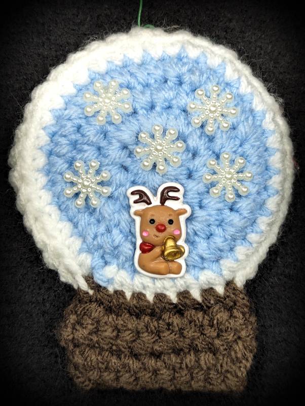 Crochet Snowglobe Ornament (E) - Brown base: Rudolph/Golden Bell icon with 5 snowflakes in Globe