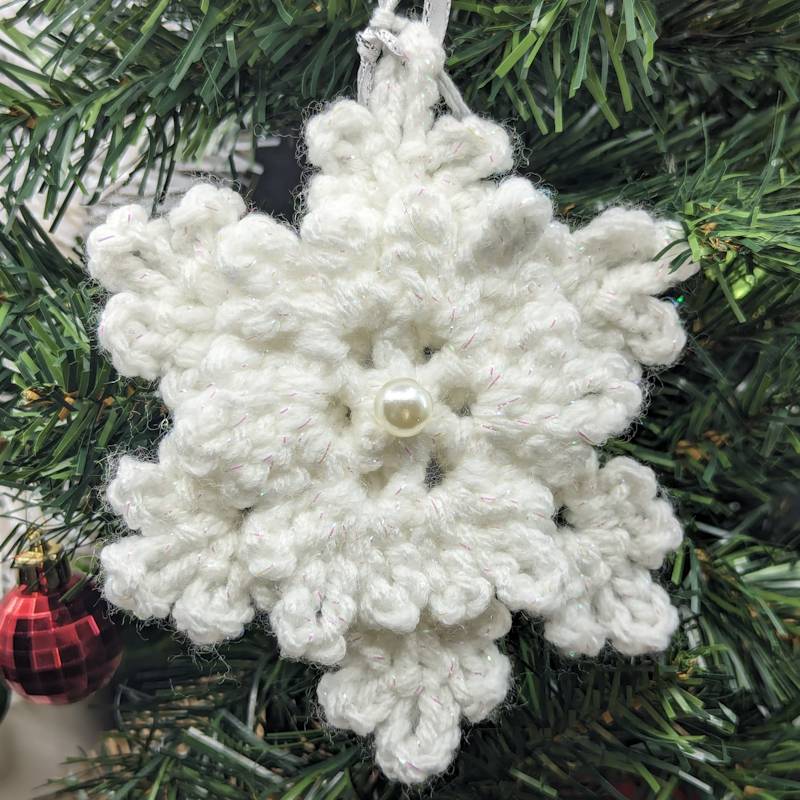 Irridescent-White Snowflake Crochet Ornament with 3D & Pearlescent mini Snowflake accents)