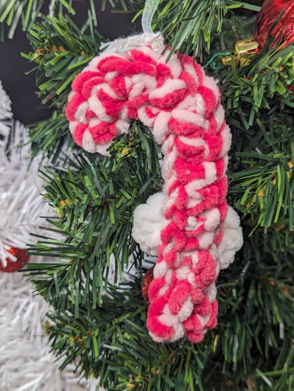 Candy Cane Crochet Ornament - Pink/Magenta Yarn with White Bow & Iridescent Ribbon