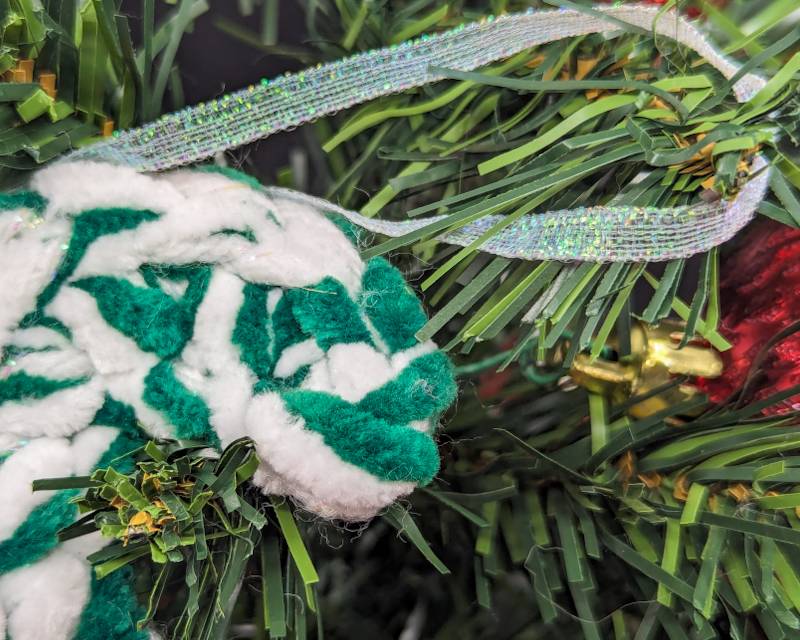 Candy Cane Crochet Ornament - White/Green Yarn with Red Bow & Iridescent Ribbon