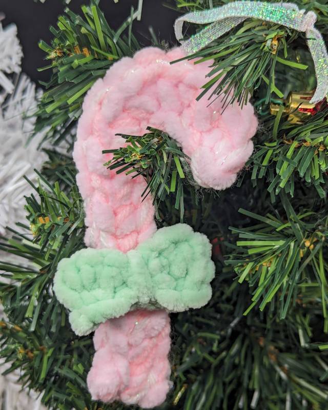 Candy Cane Crochet Ornament - Soft Pink/Irridescent Yarn with Soft Green Bow & Iridescent Ribbon