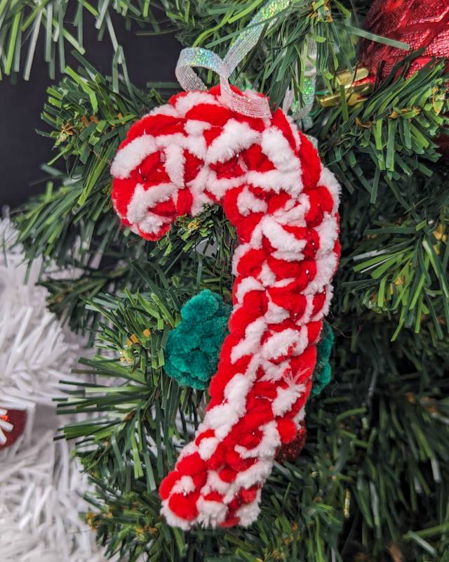 Candy Cane Crochet Ornament - Red/Foil Yarn with Deep Green Bow & Iridescent Ribbon