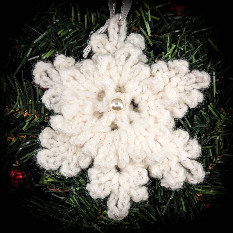 Irridescent-White Snowflake Crochet Ornament with 3D & Pearlescent mini Snowflake accents)