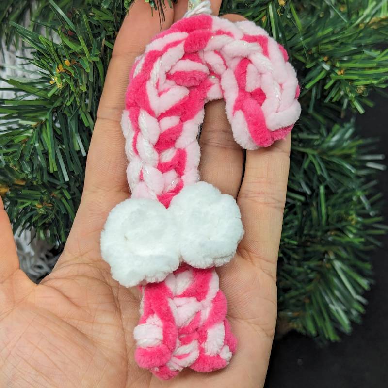 Candy Cane Crochet Ornament - Pink/Magenta Yarn with White Bow & Iridescent Ribbon