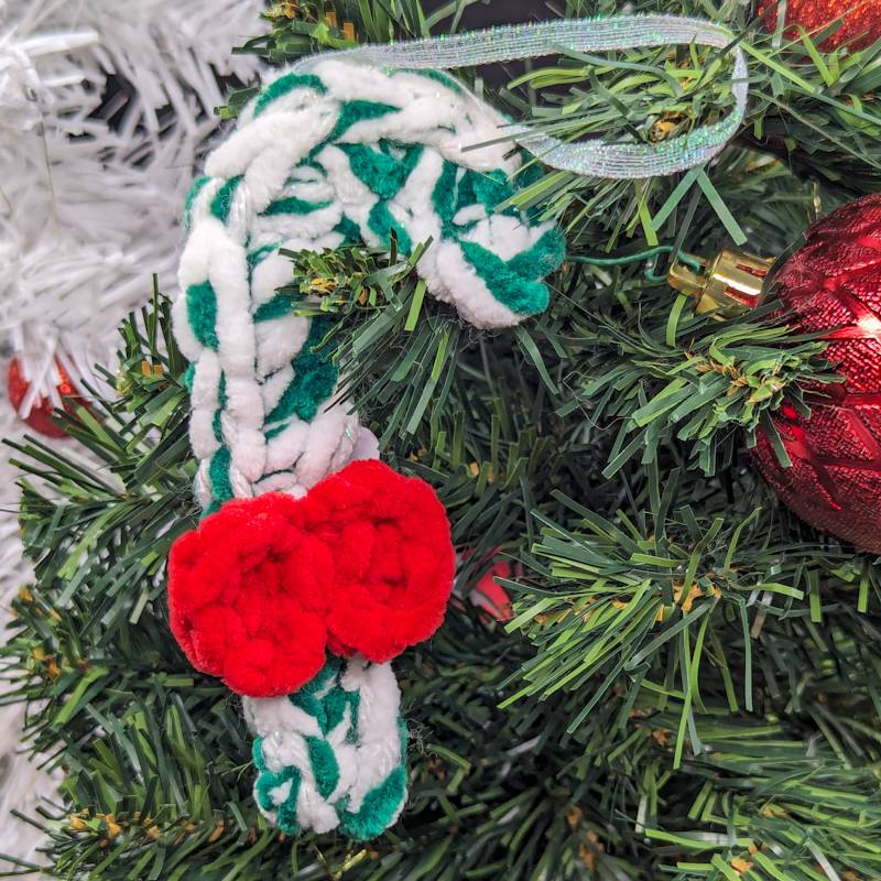 Candy Cane Crochet Ornament - White/Green Yarn with Red Bow & Iridescent Ribbon