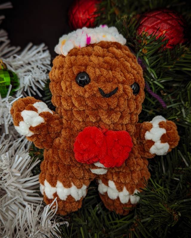 Gingerbread Person (C) Crochet Plush with Red Bowtie and Frosting Hat
