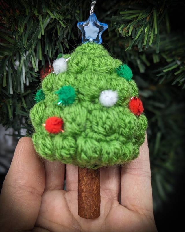 Light Green Xmas Tree "Bobble Stiched" Crochet Ornament with essential oil scented Cinnamon Stick 'Trunk'