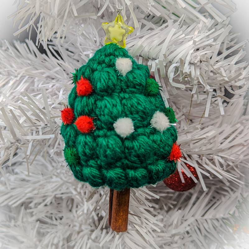 Dark Green Xmas Tree "Bobble Stiched" Crochet Ornament with essential oil scented Cinnamon Stick 'Trunk'