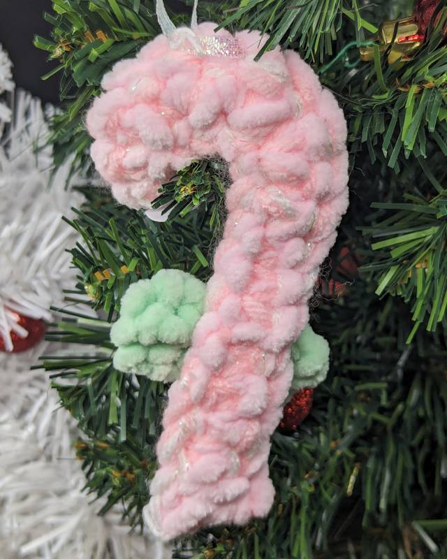 Candy Cane Crochet Ornament - Soft Pink/Irridescent Yarn with Soft Green Bow & Iridescent Ribbon