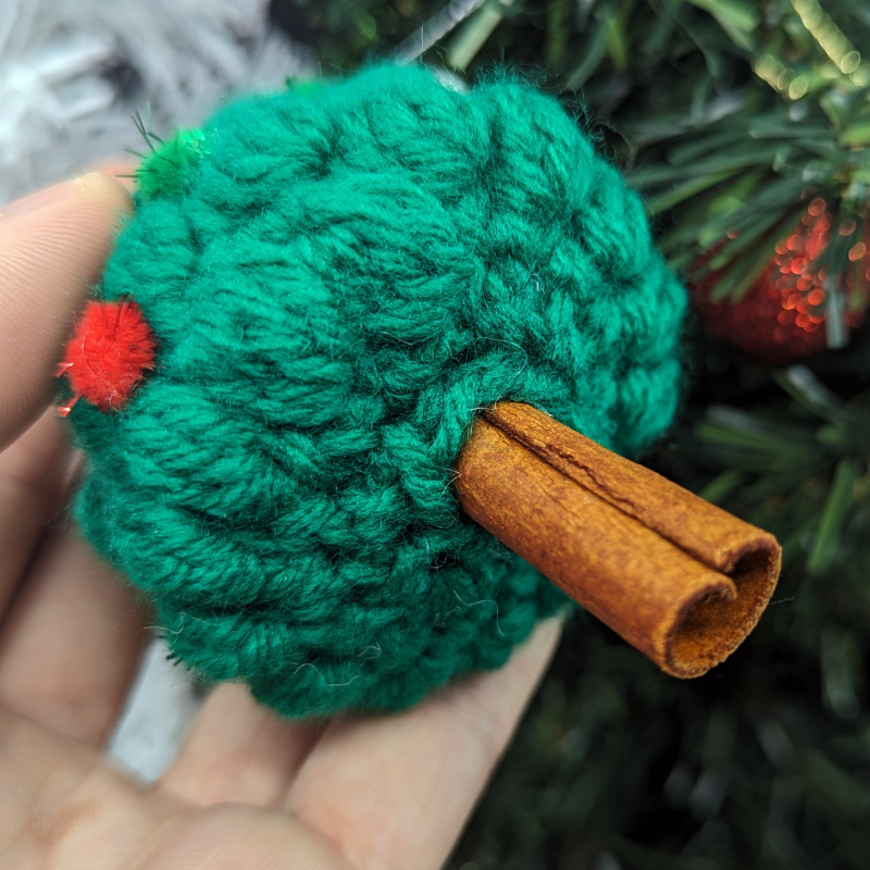 Dark Green Xmas Tree "Bobble Stiched" Crochet Ornament with essential oil scented Cinnamon Stick 'Trunk'