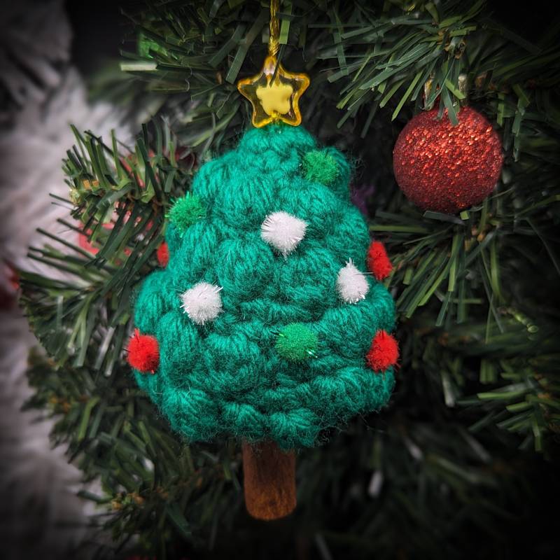 Dark Green Xmas Tree "Bobble Stiched" Crochet Ornament with essential oil scented Cinnamon Stick 'Trunk'