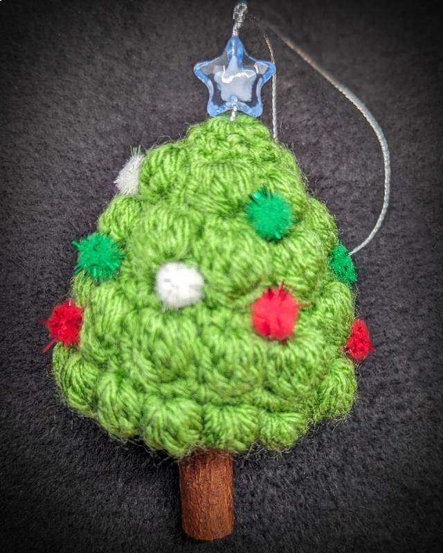 Light Green Xmas Tree "Bobble Stiched" Crochet Ornament with essential oil scented Cinnamon Stick 'Trunk'