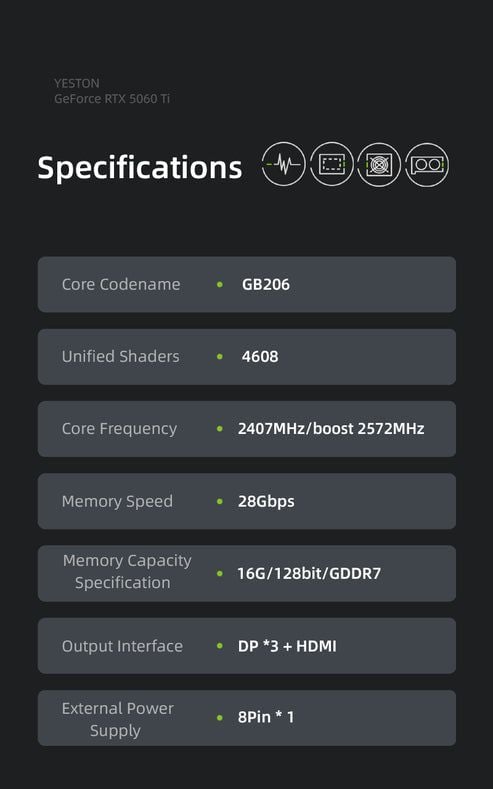 Yeston GAEA Nvidia GeForce RTX 5060 Ti 16G 128bit GDDR7 Gaming GPU Graphics Card