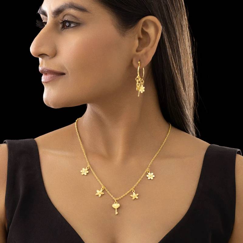 Anti-Tarnish Multi-Charm Chain Necklace with Earrings
